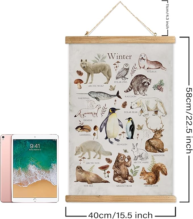 XIAOAIKA Winter Wildlife Educational Poster - Illustrated Arctic Animals Chart with Wooden Frame - Seasonal Nature Wall Art for Classroom, Home, or Nature Center 16 x 23 Inches