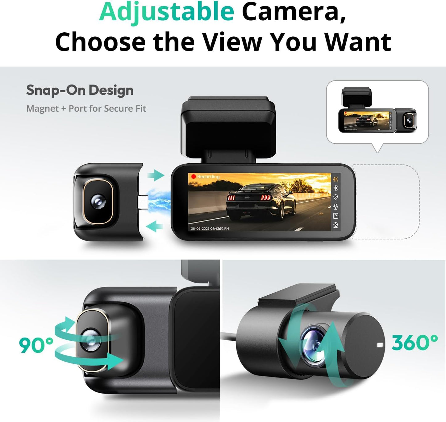 3 Channel Dash Cam 4K with 128GB Card, 3.18" Touch Screen, Voice Control, 4K Front and 1080P Rear Inside Loop Recording, 5.8GHz WiFi, GPS, Night Vision, WDR, Parking Mode