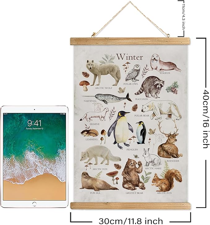 XIAOAIKA Winter Wildlife Educational Poster - Illustrated Arctic Animals Chart with Wooden Frame - Seasonal Nature Wall Art for Classroom, Home, or Nature Center 12 x 16 Inches