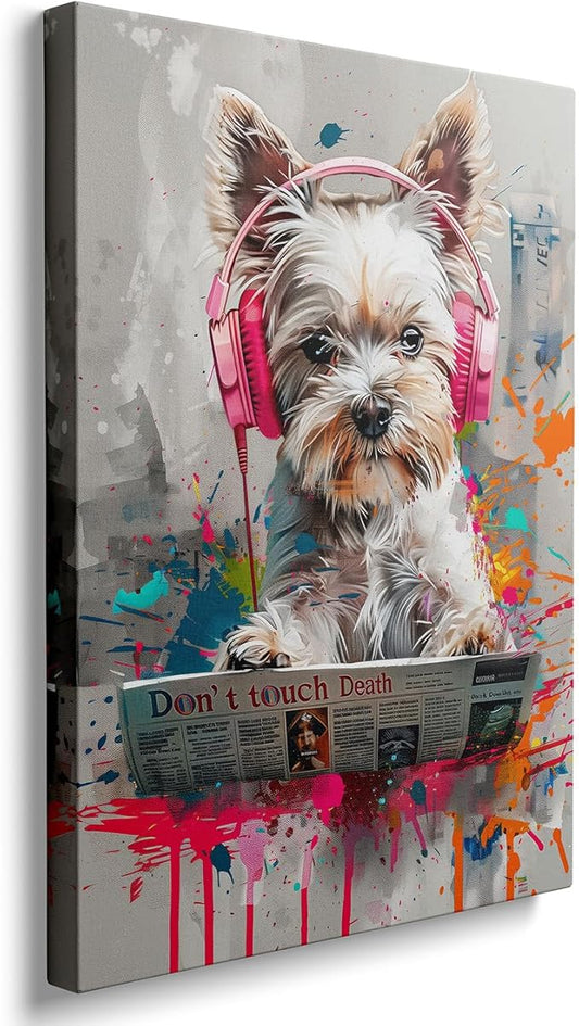 Ypxzzj Cool Colorful Graffiti Dog Wall Art for Bathroom, Funny Animal Canvas Print Painting for Bedroom,Graffiti Art Pictures for Living Room Home Decor Size 12x16Inch Framed Ready to Hang