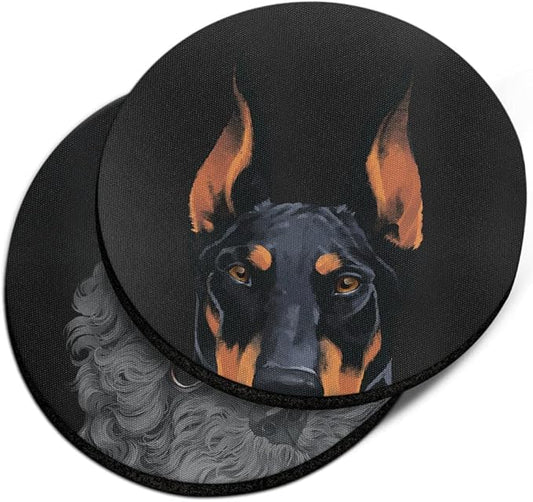 WIRESTER, Black Rust Doberman Pinscher Dog, Black Toy Poodle Design Absorbent ROUND Fabric Felt Neoprene Car Coasters for Drinks (2.87 inches), 2pcs Set