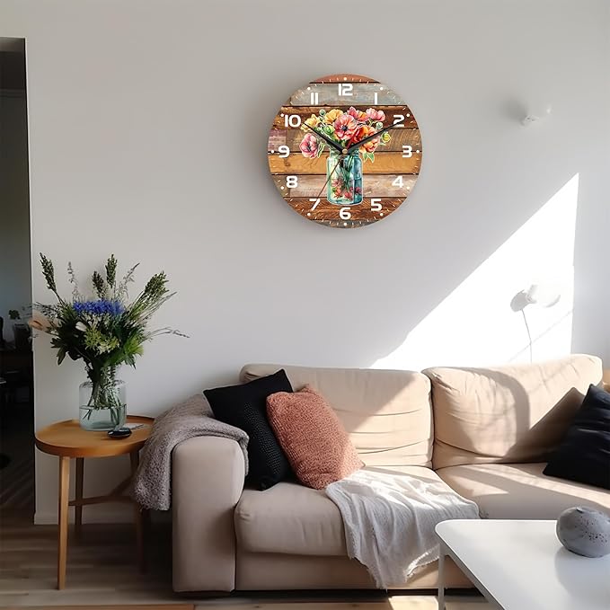 Wall Clock, 10 Inch Silent Non-Ticking Home Kitchen Decor, Battery Operated for Bathroom Bedroom Living Room Office(Flower Vase Wood)