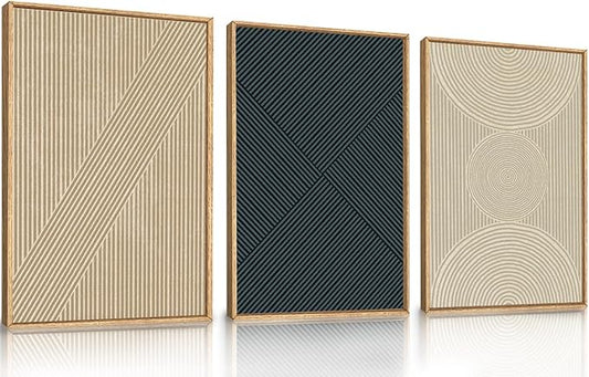 Ausril Neutral Minimalist Line Framed Canvas Wall Art Set, Beige Abstract Wall Decor, Modern Illustration Wall Painting, Mid Century Boho Art Print for Living Room, Bedroom, Office 36"x24"x3