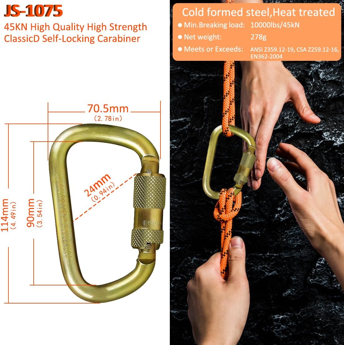 DEKABR Heavy Duty Alloy Steel Auto-Locking Climbing Carabiner - 45KN Twist Lock Carabiner for Rock and Tree Climbing, Quick Release, Rescue, and Mountaineering. ANAB Certified, 4.21-inch, Large, Gold