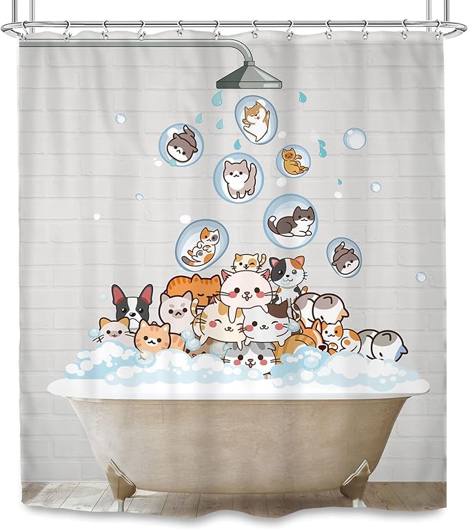 SVBright Cute Raining Cats Shower Curtain 60Wx72L Inch for Kids Cartoon Dog Funny Animals Nursery Lovely Hilarious Pets Playing Water 12 Pack Hooks Fabric Polyester Waterproof Bathroom Bathtub Panels