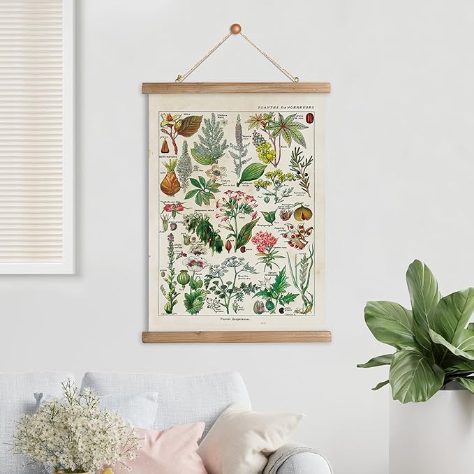 XIAOAIKA Vintage Botany Poster with Wooden Frame, Antique Poisonous Plants Chart - Botanical Educational Art with Dangerous Species - Retro-Style Wall Hanging for Home Classroom Decor 16 x 23 Inches