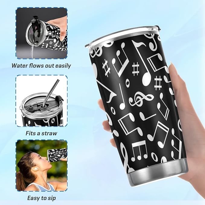 Tumbler Black White Music Note Insulated Coffee Cup Beverage Container Travel Mug with Straw and Lid Double Wall Stainless Steel 20oz Holiday Gift