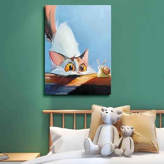 TimAsh Framed Funny Cat Wall Art Cat Staring at Snail Canvas Wall Decor Cartoon Cute Kitten Poster Painting Prints for Bedroom Bathroom Living Room 16'' x 12''