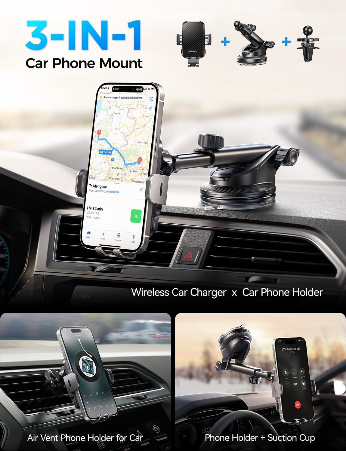 CHGeek Wireless Car Charger with Phone Holder Mount, 15W Fast Charging Auto Clamping Phone Holders for You Car Windshield Dashboard Air Vent Accessories for iPhone, Samsung Galaxy, Google, etc
