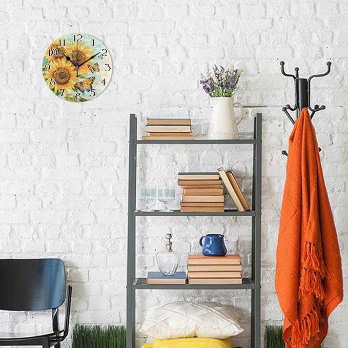 ALAZA Sunflowers Butterflies Flowers Butterfly Wall Clock Battery Operated Kitchen Clock 9.5 Inch Bathroom Clock Non Ticking Round Decorative Desk Clock Bedroom Living Room Decor
