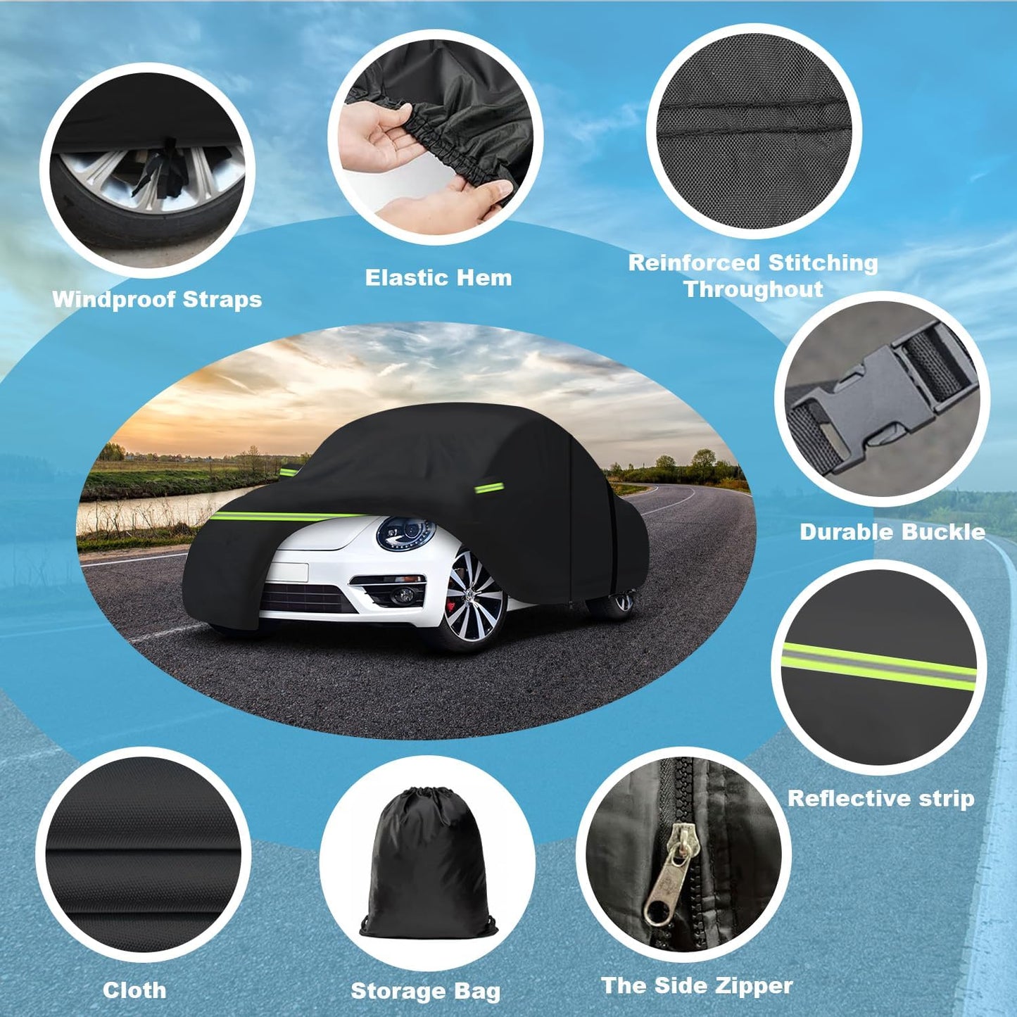 Car Cover Waterproof All Weather for 1998-2023 2-Door Saloon Car, Heavy Duty 7 Layers Outdoor Full Cover with Door Zipper, Black