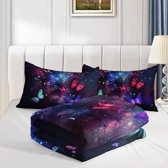 Butterfly Comforter Set for Girls Women,Colorful Butterflies in Space Galaxy Printed Black Bedding Set with 2 Pillowcases(Butterfly Galaxy Full)
