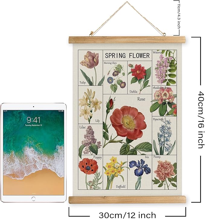 Vintage Spring Flower Poster Print, Botanical Educational Illustration, Rustic Wooden Hanger Frame, Linen Canvas Wall Art Decor, Farmhouse Cottagecore Style for Living Room Bedroom Office (12" x 16")