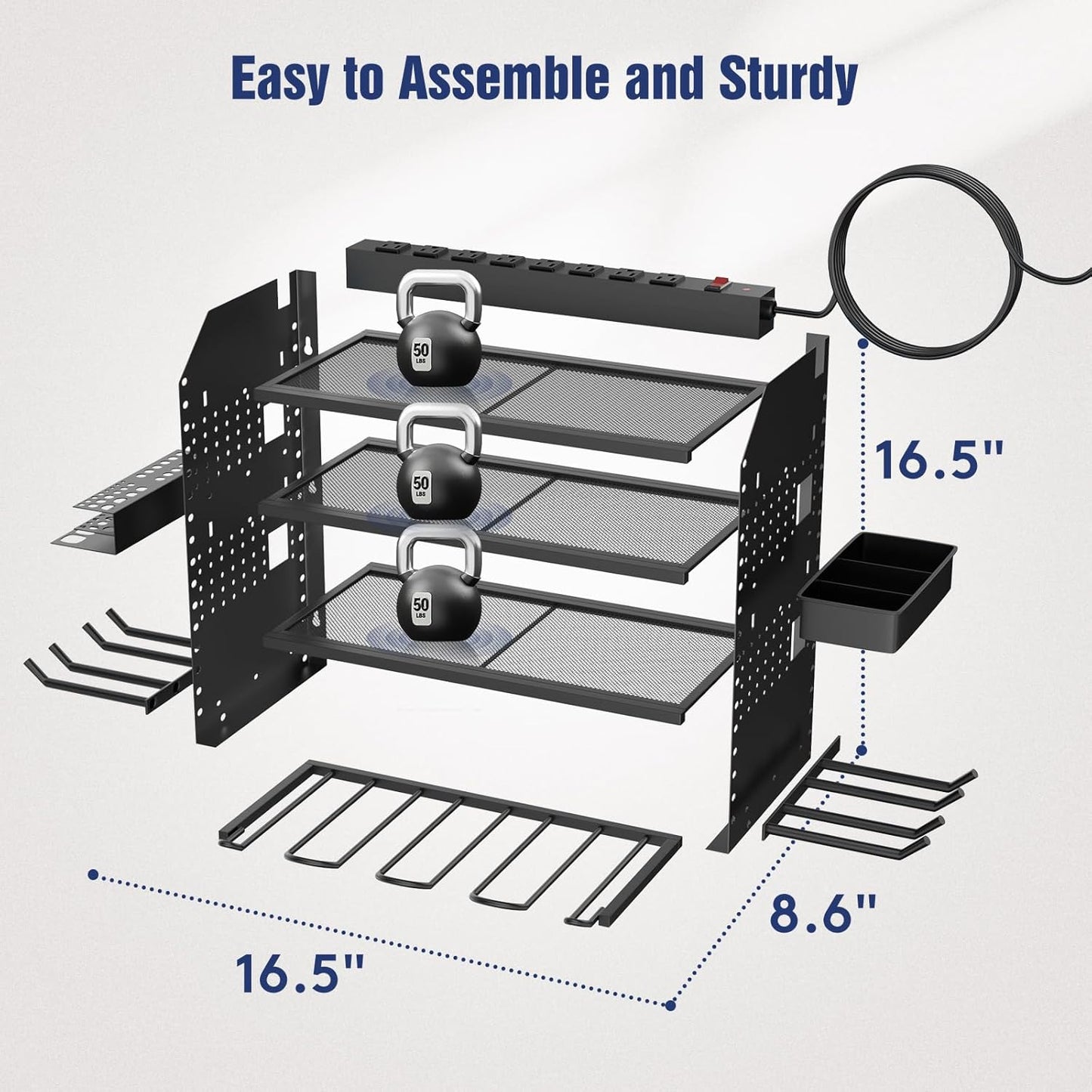 Heavy Duty Power Tool Organizer Wall Mount with Charging Station, 4 Layer Garage Storage Adjustable Shelves Height, Holds 4 Drills, 2 Hooks, Screw & Screwdriver box, Gifts for Fathers Day, Anniversary