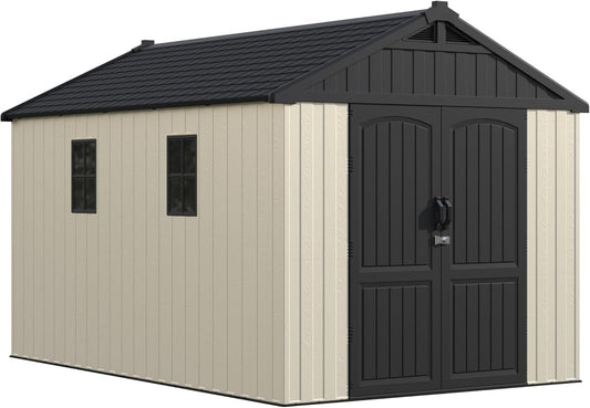 Greesum 8×12 FT Plastic Outdoor Storage Shed with Floor, Resin Sheds with Window and Lockable Door, Weather Resistant Organization for Garden, Lawn, Pool Supplies, Beige