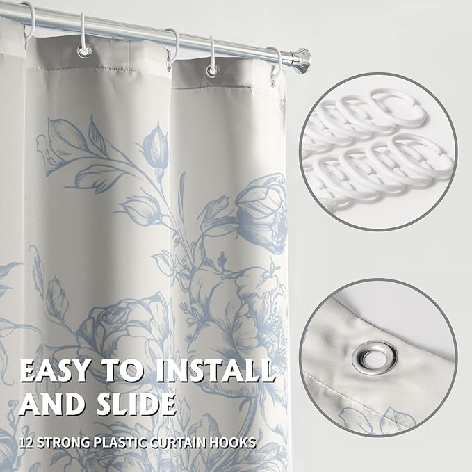 Vintage Chinoiserie Flowers Shower Curtain 72x72in Set with Hooks,Light Blue Porcelain Floral Leaves Asian Oriental Art Polyester Fabric Bathtub Bathroom Decor Bath Curtains