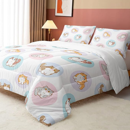 White Kawaii Cat Comforter Bedding Set for Girls Kitten White Print Cute Animal Pattern Bedding Set with 1 Comforter and 2 Pillowcases for Girls Bedroom All Season(Cat White Full)