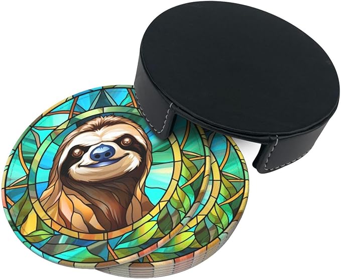 Sloth Drink Coaster Set of 6, Sloth Decor Gifts, Leather Drink Coasters with Holder, 6 Pack Cup/Bar/Drink Coasters for Table/Drinks/Coffee Protection Housewarming Gift (Sloth)