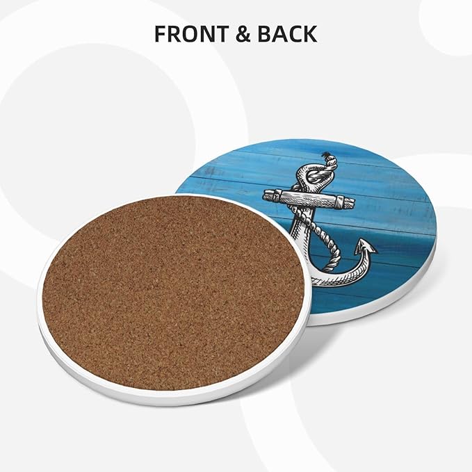 Anchor Coasters for Drinks, Set of 4, 4 Inch Wooden Background Absorbent Diatomite Ceramics Nautical Coasters for Coffee Table with Cork Base Tabletop Protection Suitable for Dining Desks Restaurants