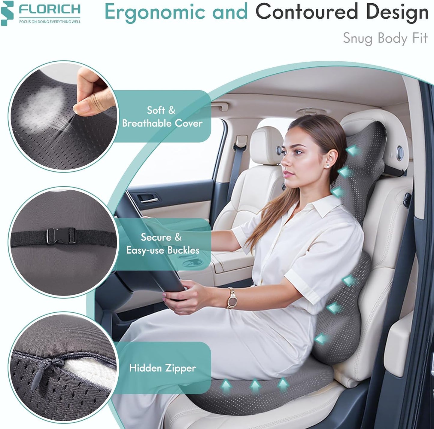 FLORICH Car Seat Cushion and Lumbar Support Pillow for Office Chair Car, Neck Headrest Pillow, Ergonomic Memory Foam, Pressure-Relieving Back Support for Car, Office Chair & Wheelchair – Gray