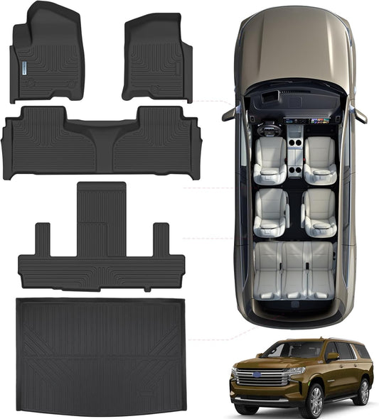 Floor Mats for 2021-2024 2025 Chevrolet Suburban 7 Seats (2nd Row Bucket Seats)（not fit 8 Seats）/ GMC Yukon XL(Only XL) & Trunk mat TPE Floor Liners & Cargo Liner for Chevy