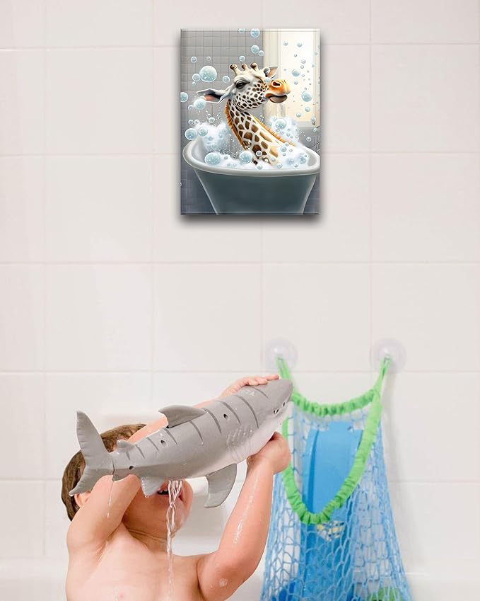 UPWOIGH Funny Bathroom Wall Art, Colorful Giraffe Wall Decor, Waterproof Wood Framed Canvas Wall Art Bathing Animals Abstract Prints, 30x40CM High-end Pictures for Bedroom Kids Room Dormitory 1 Pack
