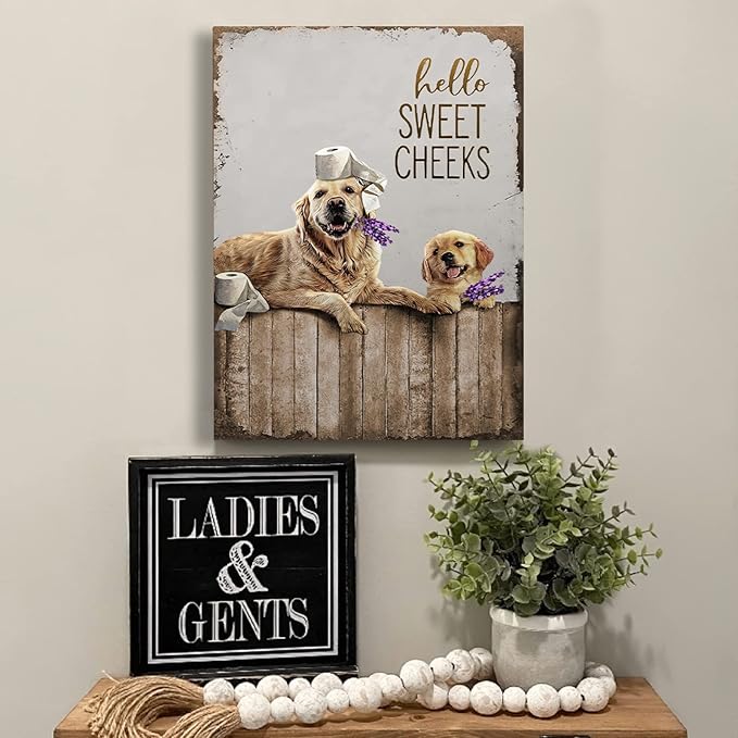 Bathroom Decor Wall Art Dog Pictures Wall Decor Golden Retriever Painting Funny Farmhouse Bathroom Wall Art for Bathroom Toilet Rustic Animals Bathroom Artwork Framed 16"x20"