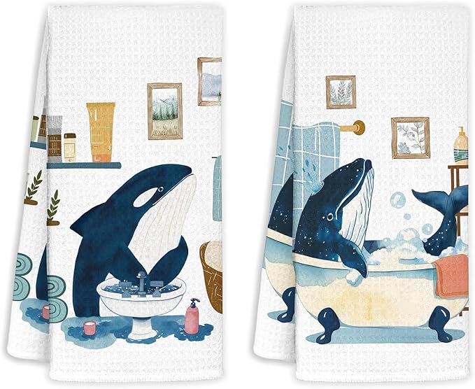 Whale Shark Decor Beach Hand Towels for Bathroom Set of 2, Nautical Bathroom Decor, Ocean Beach Themed Waffle Weave Dish Towels 18x26 Inch