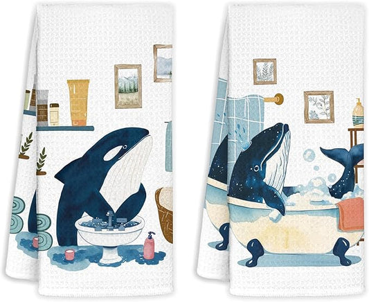 Whale Shark Decor Beach Hand Towels for Bathroom Set of 2, Nautical Bathroom Decor, Ocean Beach Themed Waffle Weave Dish Towels 18x26 Inch