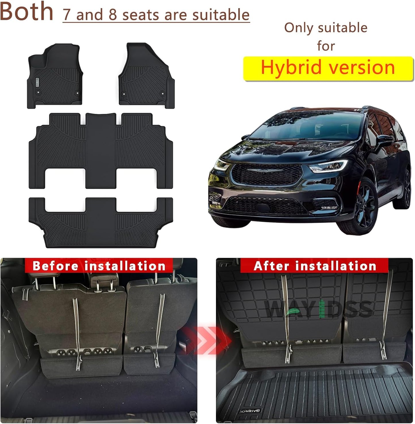 Floor mat for 2017-2024 2025 Chrysler Pacifica Hybrid Touring Models(Non Pinnacle Model) Cargo Mat with Backrest Protection, TPE All Weather Car Floor Liners Cargo Liners Accessories-Black