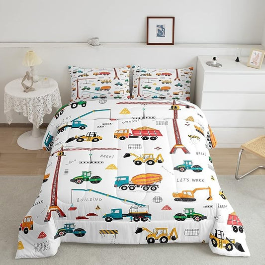 Tractor Comforter, Excavator Machinery Trucks Bedding Set Full Size, Construction Vehicle Down Comforter, Bulldozer Crane Equipment Truck Quilt Set For Child Teens 3Pcs Bedroom Decor, Yellow Green