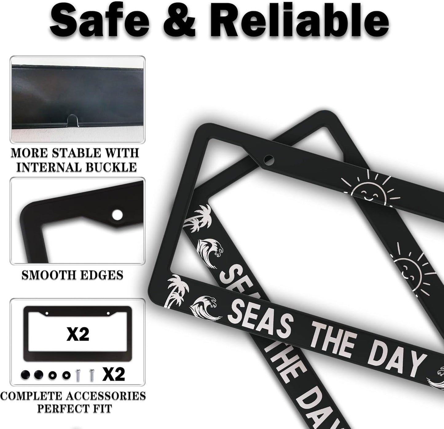 License Plate Frames for Men Black and White License Plate Cover for Women Seas The Day Aluminum Metal Car Accessory 2 Pack with Screw Covers Set
