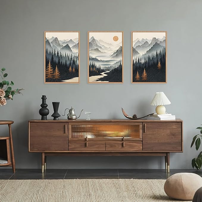 Watercolor Misty Forest Framed Canvas Wall Art Set, Foggy Mountain Wall Decor, Misty Pine Tree Wall Painting, Large Nature Landscape Art Prints for Living Room, Bedroom, Office - 16"X24"X3