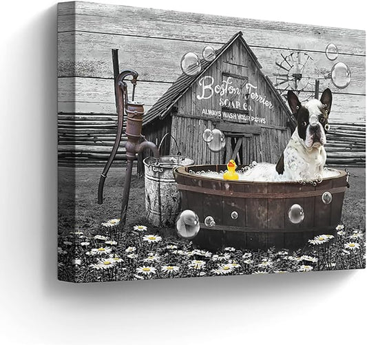 Boston Terrier in Bathtub Wall Art Funny Dog Pictures Wall Decor Farmhouse Bathroom Decor Painting for Bathroom Prints Black and White Artwork Framed 12"x16"