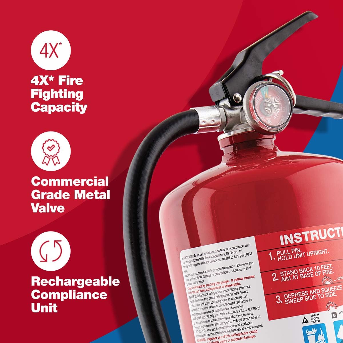 First Alert PRO10 Rechargeable Commercial Fire Extinguisher, UL rated 4-A:60-B:C, Red, 1-Pack