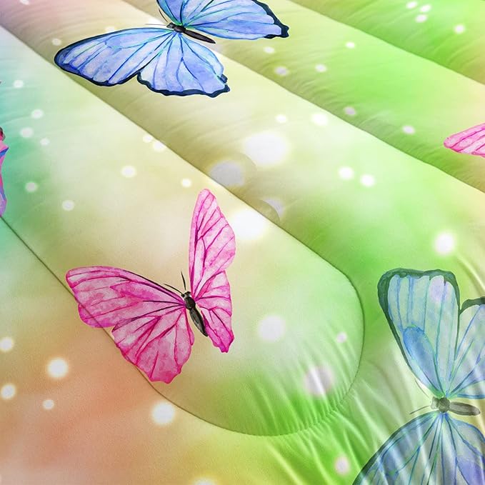 Bedding Comforter Set Rainbow Watercolor Printed Pattern Quilt Bedding Set with 1 Comforter and 2 Pillowcases for Girls Bedroom All Season(Butterfly Watercolor Twin)