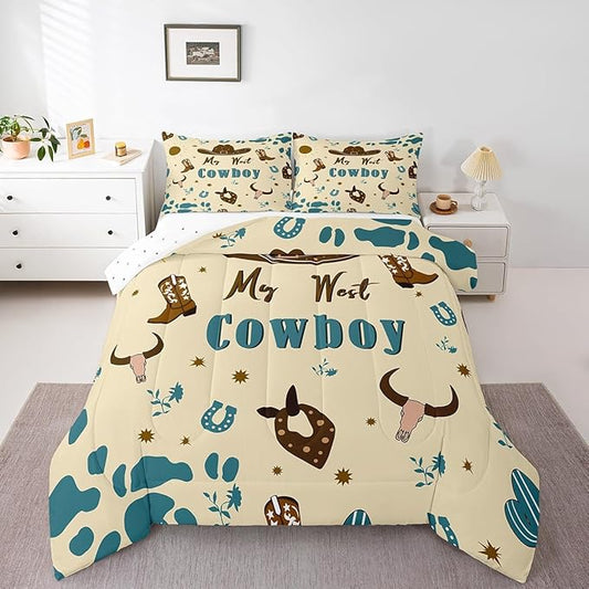 Western Cowboy Bedding Set Queen Size,Cowboy Boots Horseshoe Comforter Set 3Pcs for Kids Girls Boys Teens Room Decor,Southwest Quilt Set Blue Brown Cowhide Print Duvet Insert,2 Pillowcases