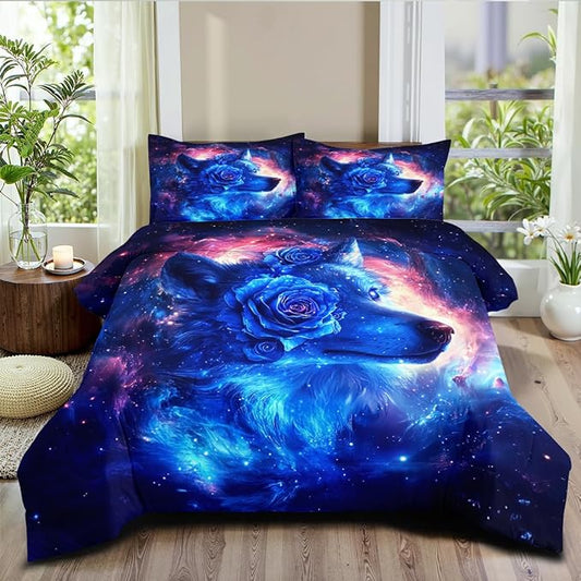 Blue Galaxy Wolf Comforter Set Queen Size Cute Animal Bedding Set Aesthetic Bedding Comforters Soft Down Alternative Comforter Sets with 2 Pillowcases