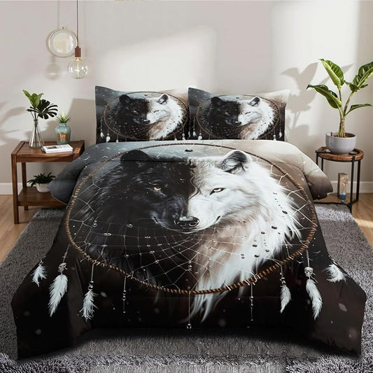 Wolf Bedding Full Size Black White Wolves Bedding Set Wolf Dreamcatcher Comforter Set for Kids Boys Wild Animal Comforter with 2 Pillowcases