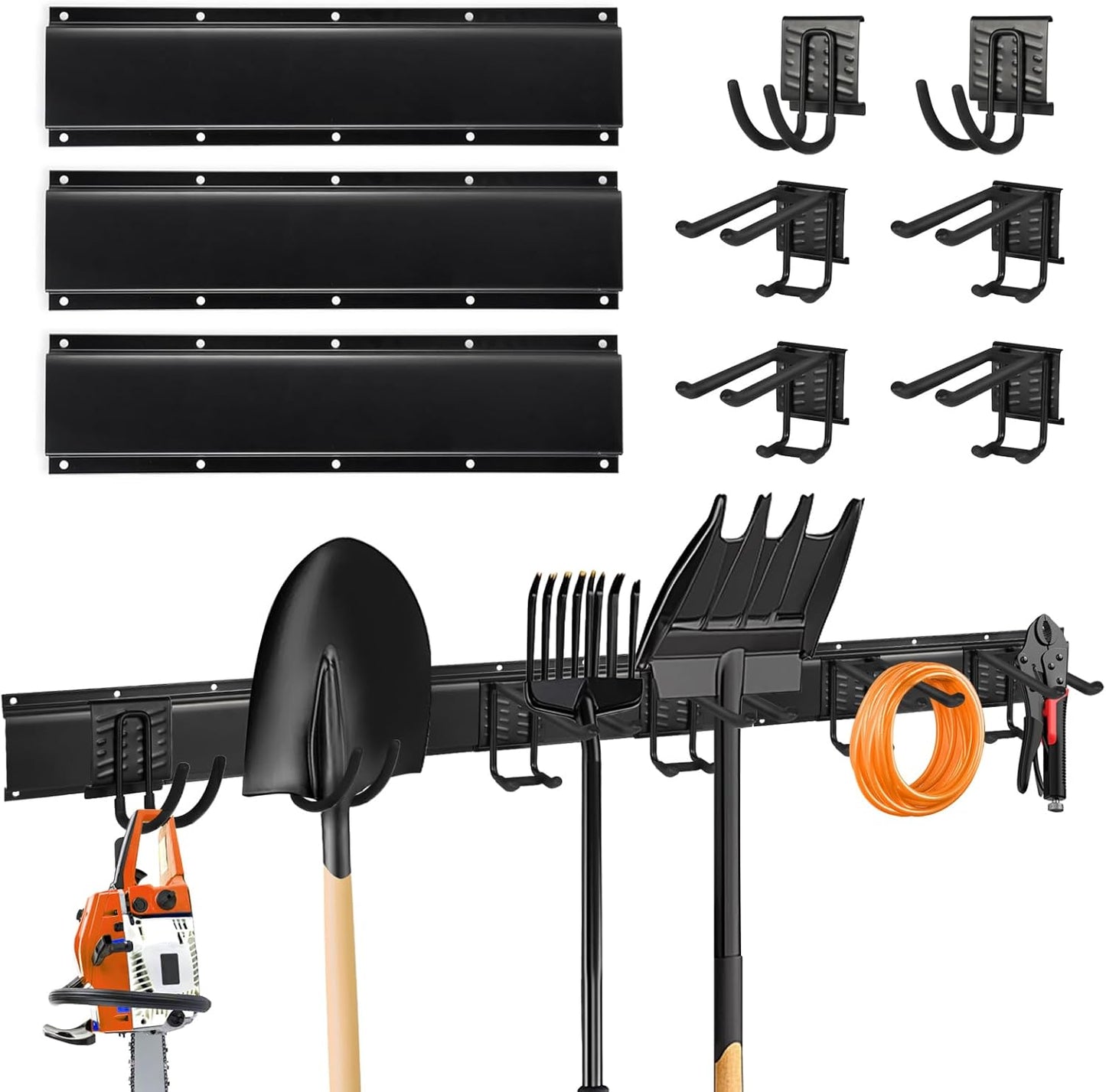 Garage Tool Organizer Wall Mount, Heavy Duty Garage Organization Tool Storage Utility Rack, Sturdy Storage Rack Hanger with Adjustable Hooks, Garden Tool Organizer for Shovel, Rake, Folding Chair