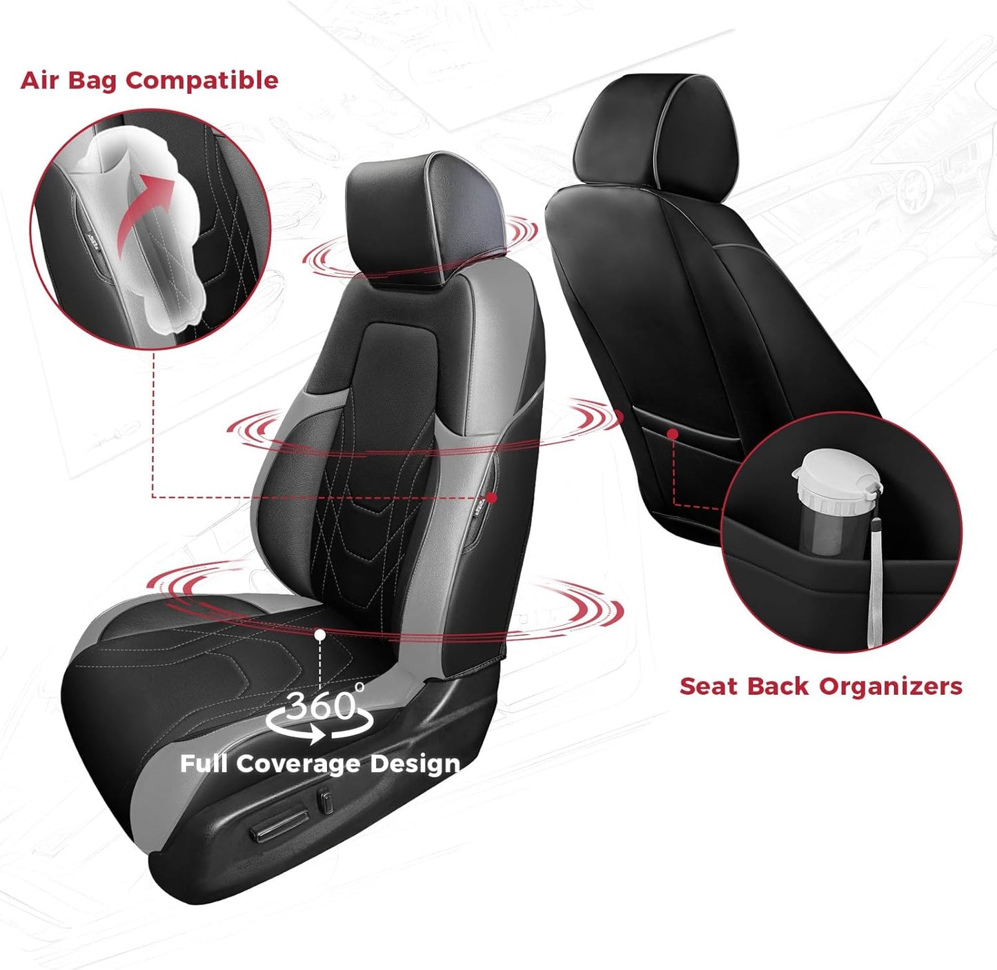 FREESOO CRV Seat Covers Full Set, for Honda CRV LX EX EX-L Sport Touring Hybrid 2017 2018 2019 2020 2021 2022, Custom Fit Car Seat Covers, Waterproof Leather Seat Covers, Black & Gray