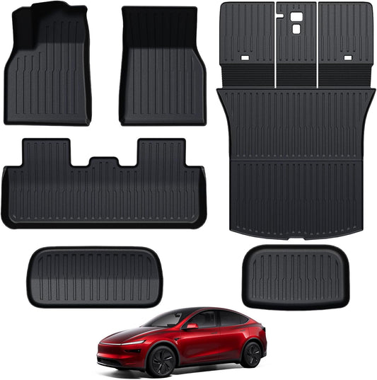 Floor Mats Set for 2025 2026 Tesla Model Y Juniper Accessories, Full Coverage All Weather Floor Mats Cargo Mat with Backrest Protectors