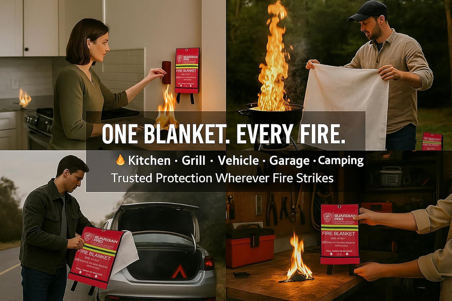 Emergency Fire Blanket for Home and Kitchen - 47"x47" - Must Have Fire Protection - Fire Suppression Fiberglass Fire Blankets for House Camping Car Office Emergency Survival Safety (4 Pack)