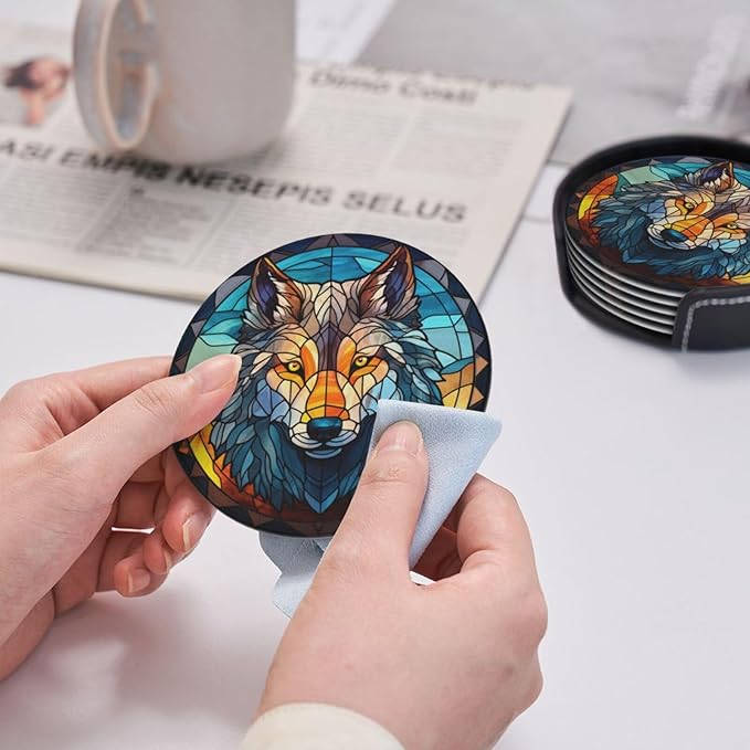 Wolf Drink Coaster Set of 6, Wolf Decor Gifts, Leather Drink Coasters with Holder, 6 Pack Cup/Bar/Drink Coasters for Table/Drinks/Coffee Protection Housewarming Gift (Wolf)