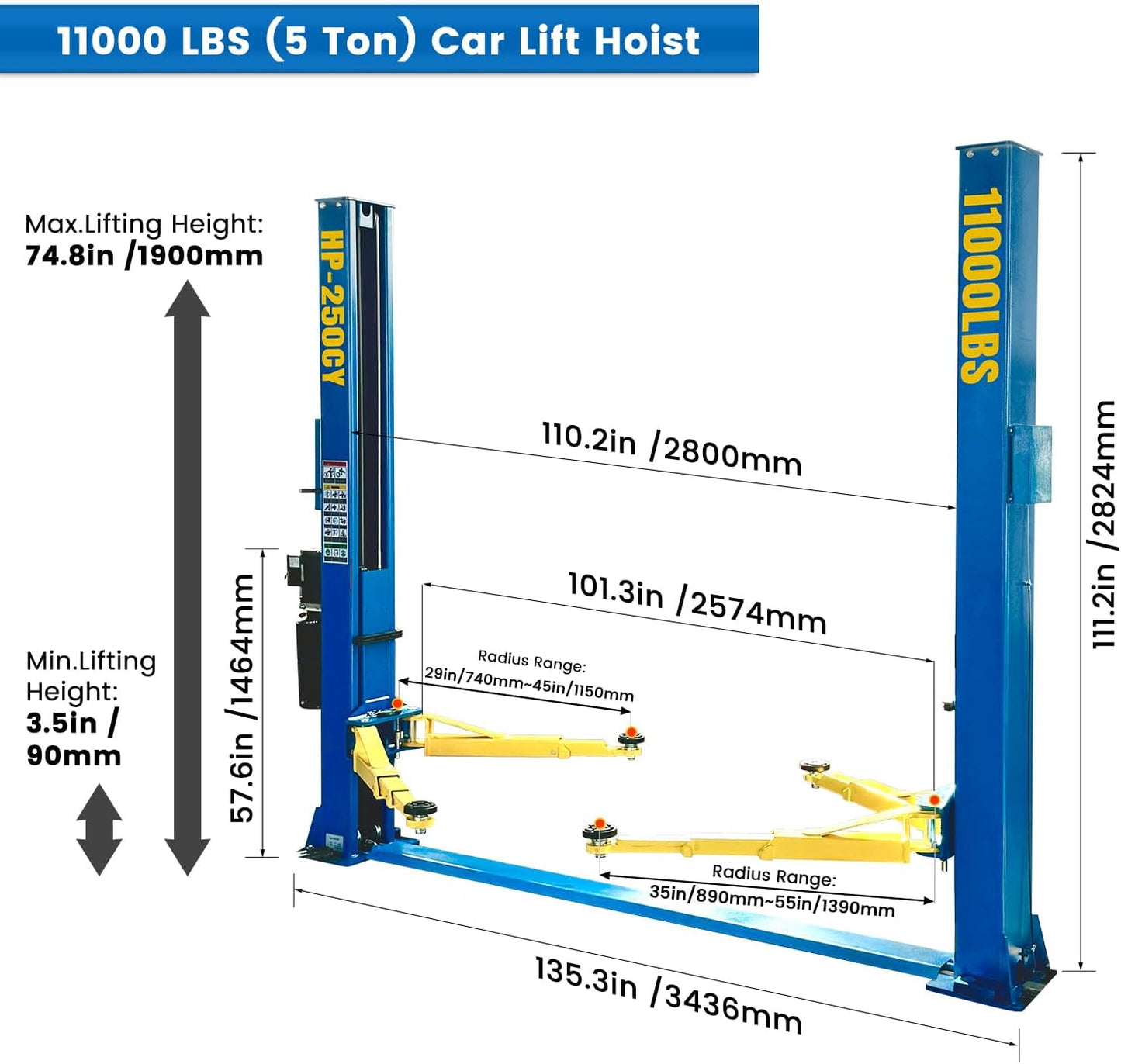 110V Two Post Car Lift 11,000 LBS, Single-Sided Unlocking Heavy Duty Floor Plate 2 Posts Auto Hoist Truck Lift for Garage 3 Year Warranty