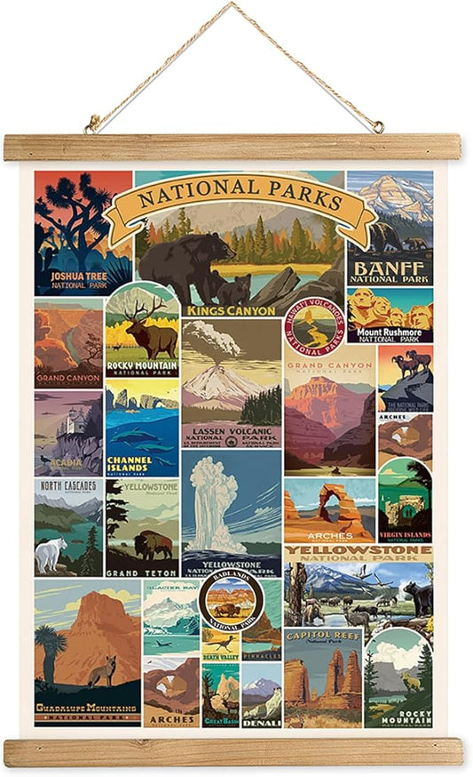 XIAOAIKA USA National Parks Retro Poster Collection - Illustrated Travel Destinations with Wooden Hanger - Vintage Wall Art for Outdoor Enthusiasts and Explorers 20 x 30 Inches
