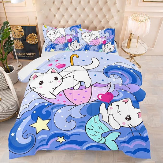 Suncloris Kids Mermaid Cat Comforter, Cats On Purple Blue Wave Bedding Bedspread for Girls Teens, Lovely Animal Bedroom Decor with 2 Pillow Cases (04, Twin)