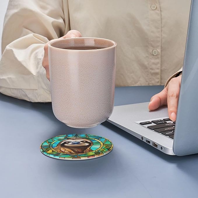 Sloth Drink Coaster Set of 6, Sloth Decor Gifts, Leather Drink Coasters with Holder, 6 Pack Cup/Bar/Drink Coasters for Table/Drinks/Coffee Protection Housewarming Gift (Sloth)