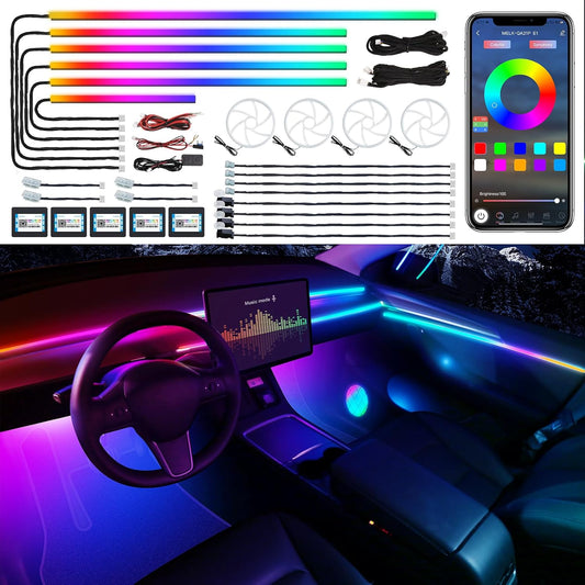 Dreamcolor Acrylic Interior Car LED Strip Light with Wireless APP, RGB 22 in 1 with 175 inches 600 LEDs Fiber Optic Car Ambient Lighting Kits, Dual Zone Sound Active Function LED Strip for Car