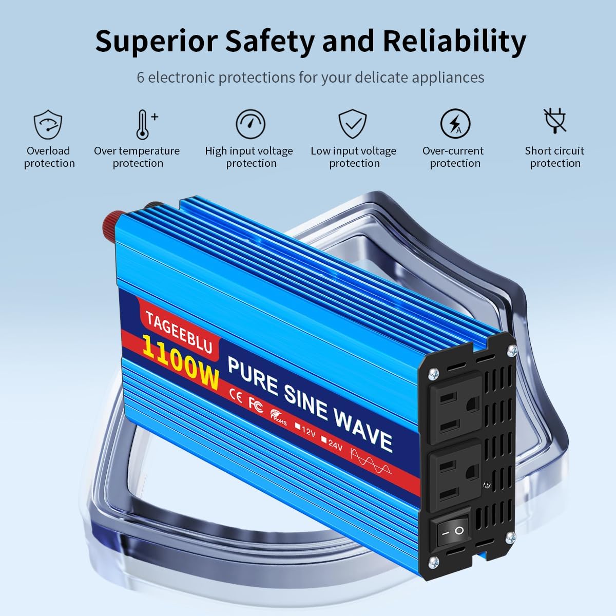 1100 Watt Pure Sine Wave Inverter, Solar Power Inverter, 12V DC to 110V AC Converter for RV, Home, Truck, Coffee Maker, Washer, TV, Fridge, Solar Power Pack with 2 AC Outlets and LCD Display